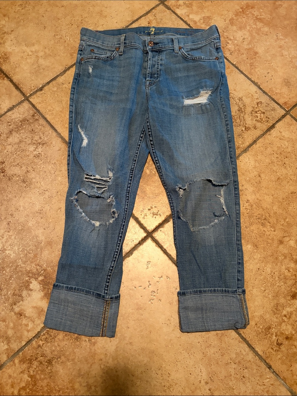 7 For All Mankind Distressed Blue Bootcut Jeans with Cuffs